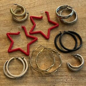 Gold, Silver, Rhinestone, Black, and Red Star Hoop Earrings Set